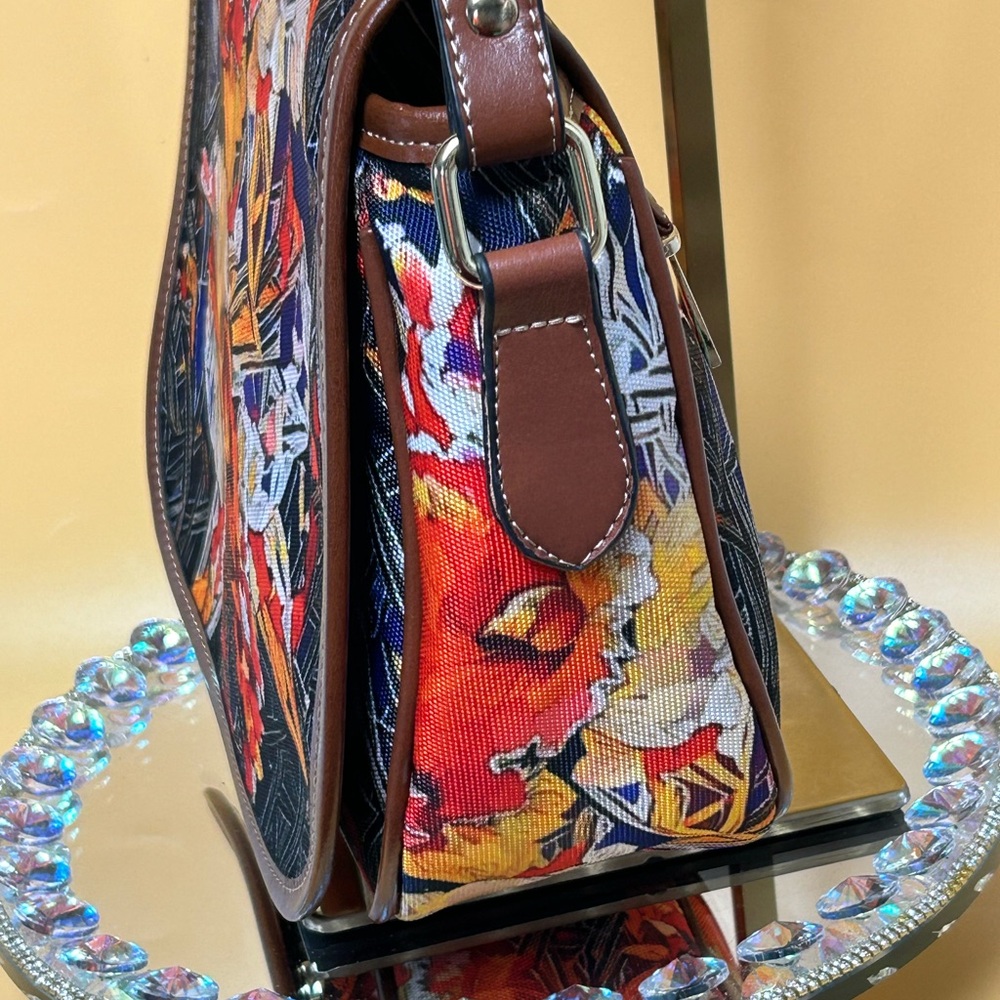 Floral Multicored Coated Canvas Crossbody Bag w/ Tan Trim Approx. 13 x 9 x 3.5 - Picture 3 of 16